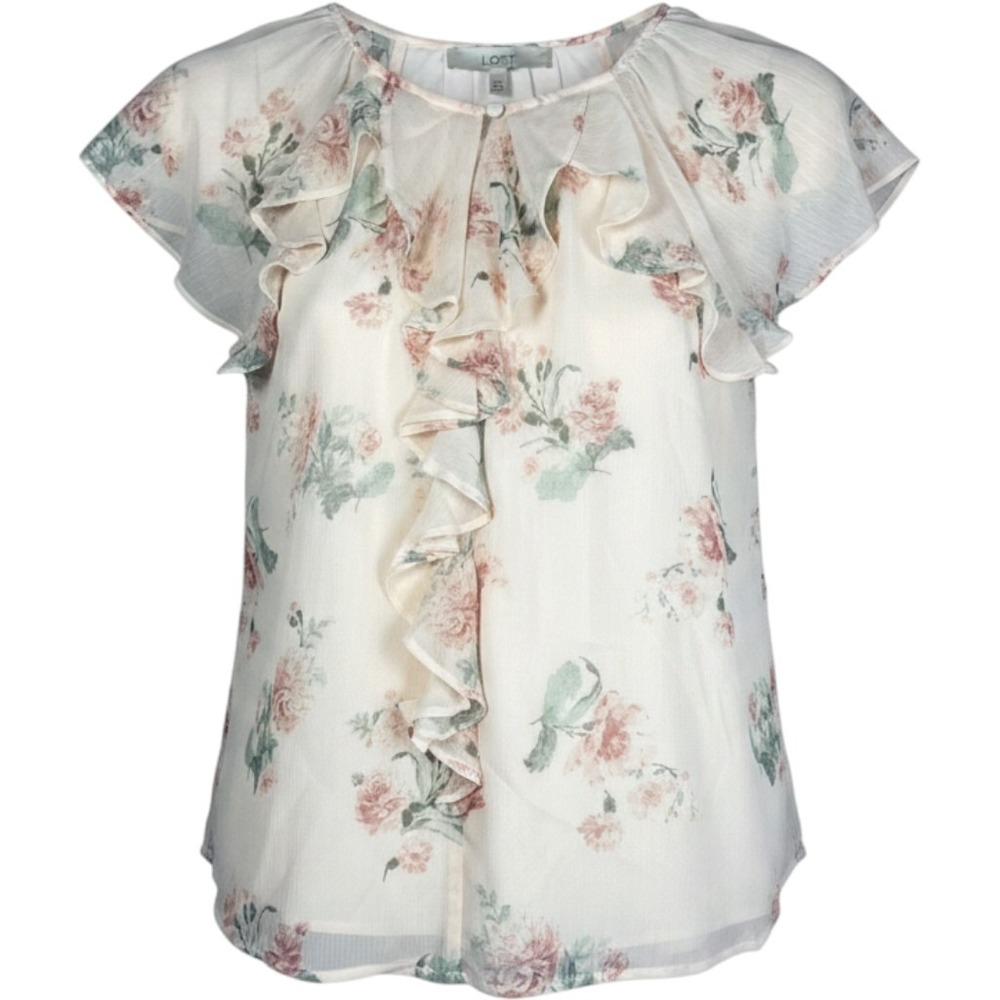 LOFT Womens Floral Ruffle Flutter Sleeve Blouse Peach Pink Keyhole Top NWT S